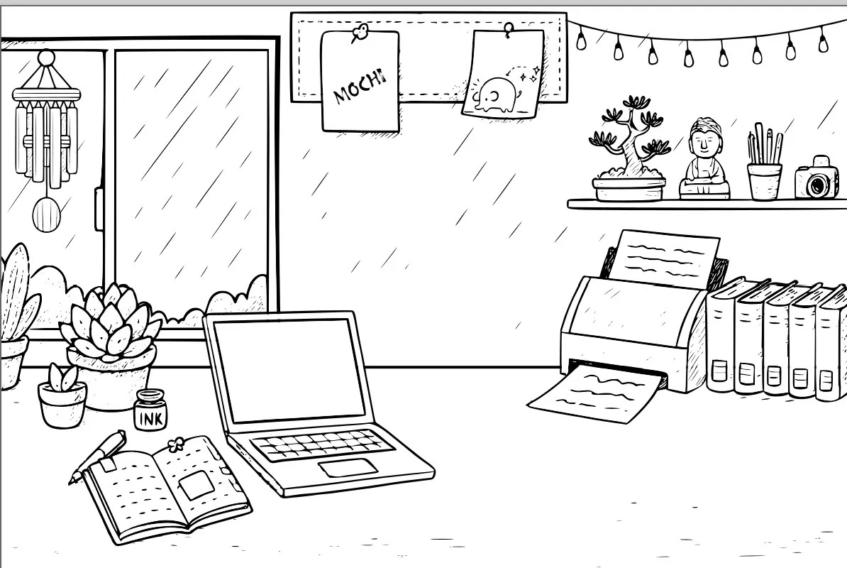 Ilustración de un escritorio creativo desordenado con libros y notas